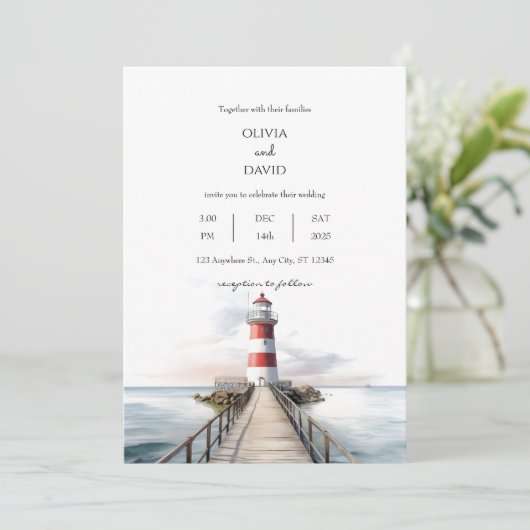 Invitation Pier phare Paysage océanique Mariage nautique (Debout devant)