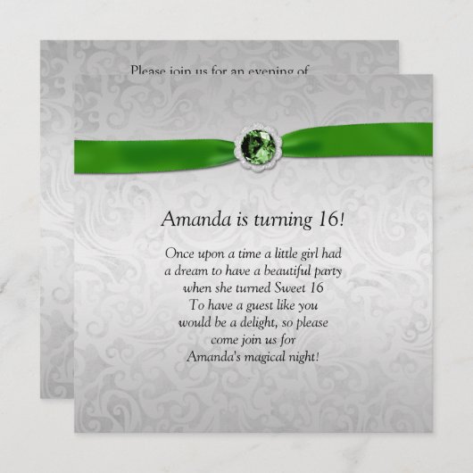 Invitation Pierre de ruban vert émeraude douce 16 (Devant / Derrière)