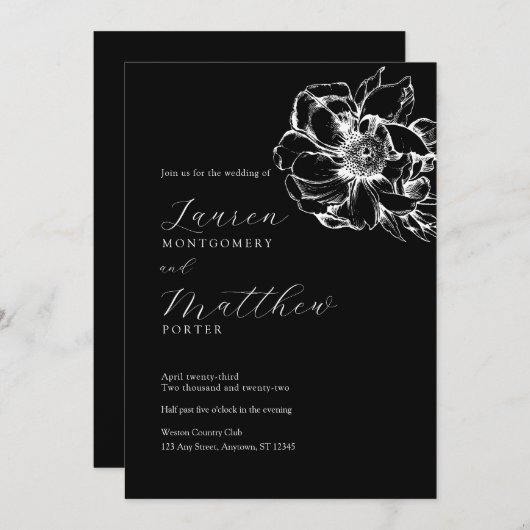 Invitation Pierre florale moderne Mariage noir et blanc (Devant / Derrière)