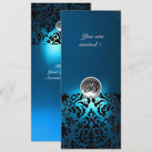 Invitation PIERRE GEMME MONOGRAMME DAMASK  blanc bleu, sarcel (Devant / Derrière)