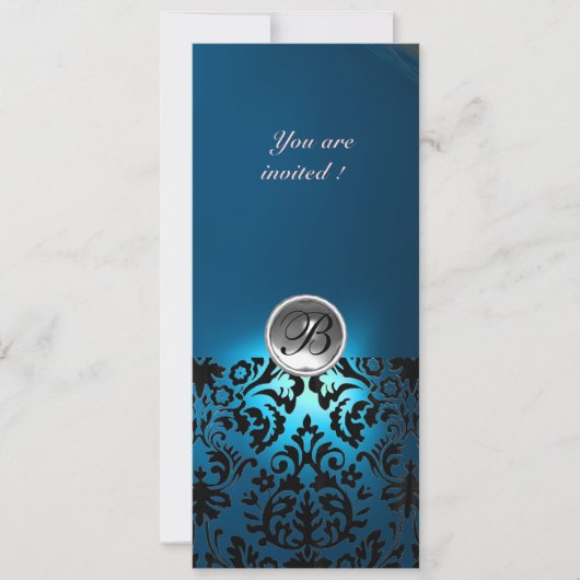 Invitation PIERRE GEMME MONOGRAMME DAMASK  blanc bleu, sarcel (Devant)