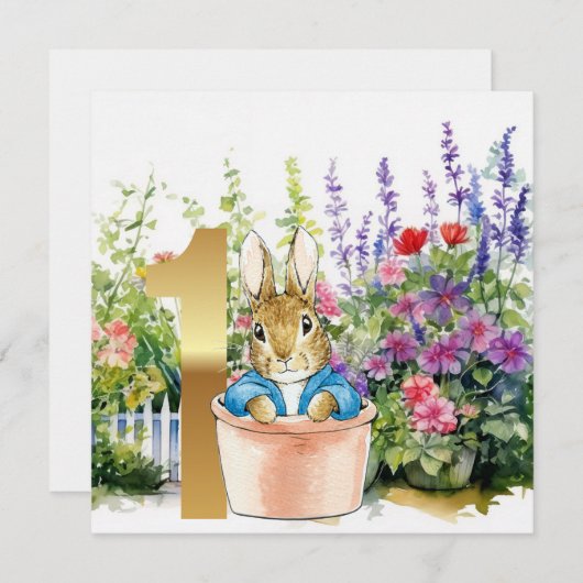 Invitation Pierre le lapin dans un pot premier anniversaire (Devant / Derrière)