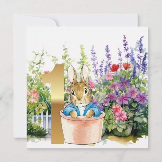 Invitation Pierre le lapin dans un pot premier anniversaire (Devant)