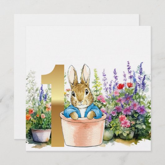 Invitation Pierre le lapin dans un pot premier anniversaire (Devant / Derrière)
