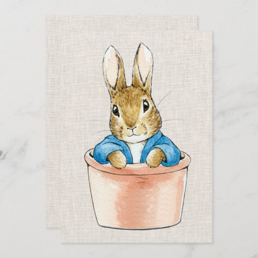 Invitation Pierre le lapin en pot plante texture de lin beige (Devant / Derrière)