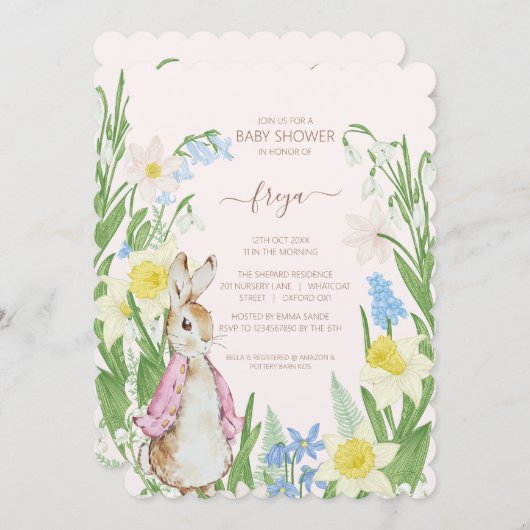 Invitation Pierre le lapin Printemps fleurit Baby shower rose (Devant / Derrière)