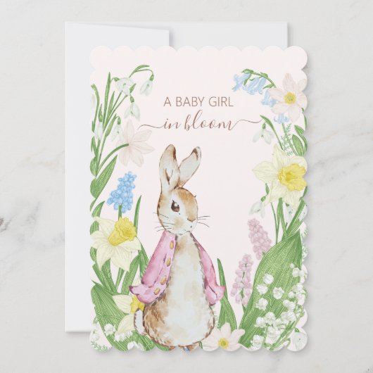 Invitation Pierre le lapin Printemps fleurit Baby shower rose (Dos)