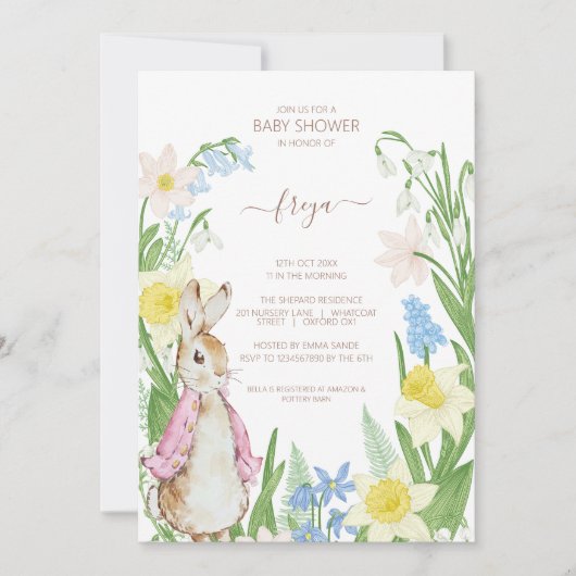 Invitation Pierre le lapin Printemps fleurit Baby shower rose (Devant)