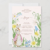 Invitation Pierre le lapin Printemps fleurit Baby shower rose (Devant)