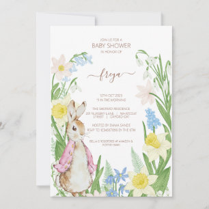 Invitation Pierre le lapin Printemps fleurit Baby shower rose