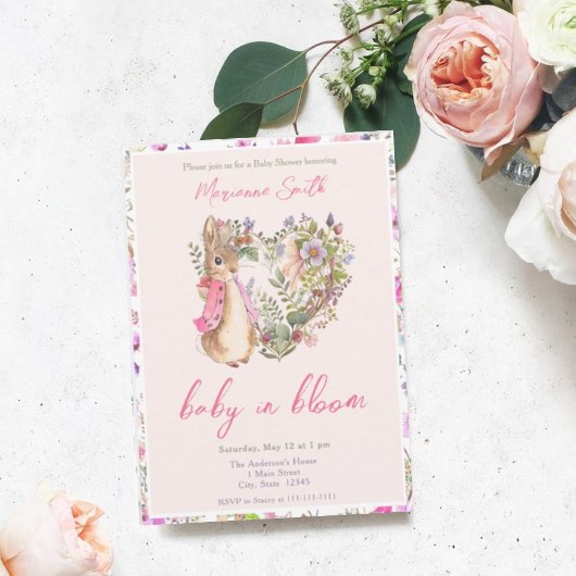 Invitation Pierre le lapin rose Floral Baby shower fille