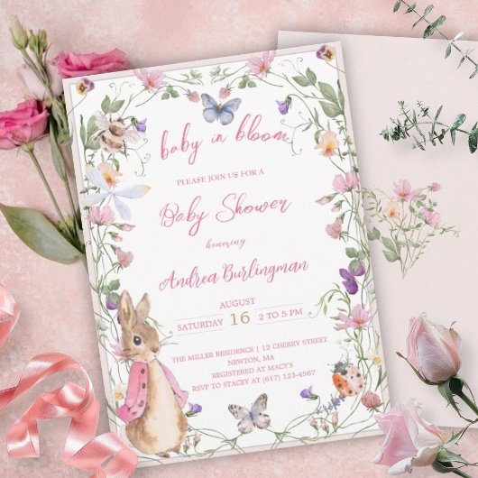 Invitation Pierre le lapin rose Floral Baby shower fille