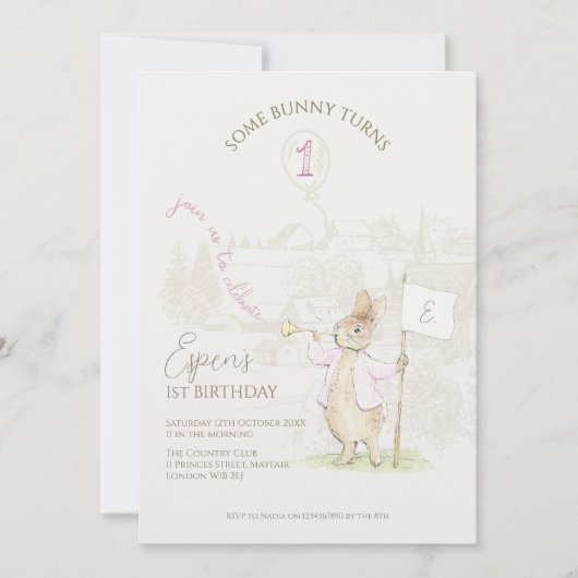 Invitation Pierre le lapin un lapin 1er Anniversaire rose (Devant)