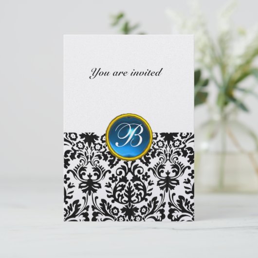 Invitation PIERRE PRÉCIEUSE DAMASK MONOGRAMME glace bleu saph (Debout devant)