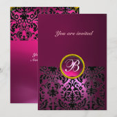 Invitation PIERRE PRÉCIEUSE DAMASK MONOGRAMME rubis rose fuch (Devant / Derrière)