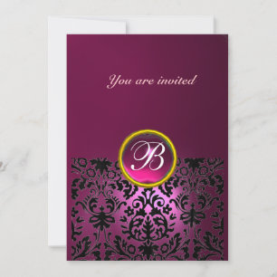 Invitation PIERRE PRÉCIEUSE DAMASK MONOGRAMME rubis rose fuch