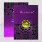 Invitation PIERRE PRÉCIEUSE MONOGRAMME DAMAS jaune violet (Devant / Derrière)