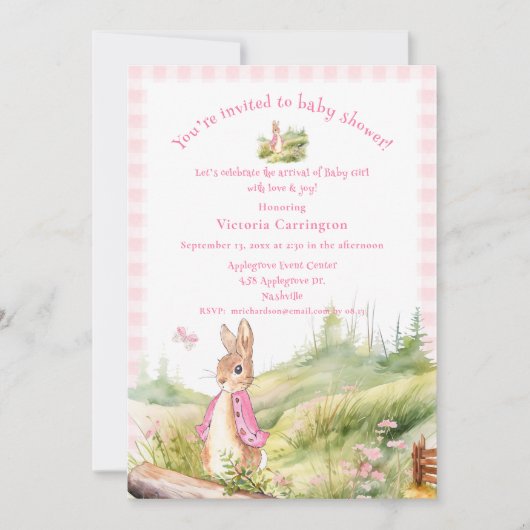 Invitation Pierre rose Rabbit Baby shower bébé fille  (Devant)
