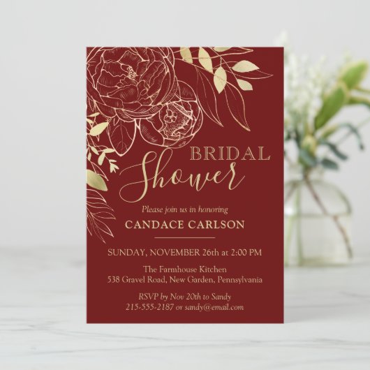 Invitation Pierre rouge foncé & or Peony Fête des mariées flo (Debout devant)