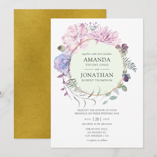 Invitation Pierres géométriques d'or Mariage floral (Devant / Derrière)