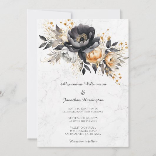 Invitation Pierres noires et or sur Mariage en marbre (Devant)