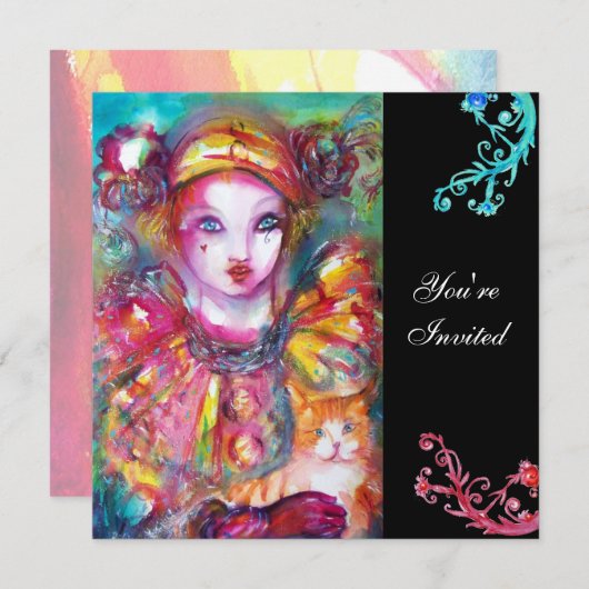 Invitation PIERROT AVEC CAT / Mardi Gras Masquerade Party (Devant / Derrière)