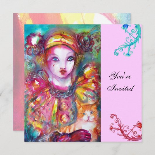 Invitation PIERROT AVEC CAT / Mardi Gras Masquerade Party (Devant / Derrière)