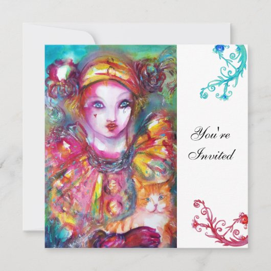 Invitation PIERROT AVEC CHAT / Mardi Gras Bal Masqué (Devant)
