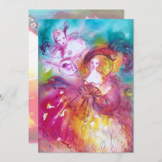 Invitation PIERROT ET ARLECCHINA Soirée Masquée du Mardi Gras (Devant / Derrière)