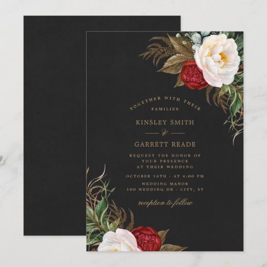 Invitation Pies d'aquarelle rouge Mariage d'or noir floral (Devant / Derrière)