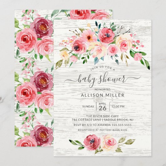 Invitation Pies de printemps rustique Rose Baby shower floral (Devant / Derrière)