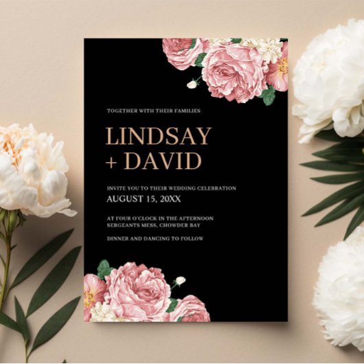 Invitation Pies florales et Roses sur Mariage noir