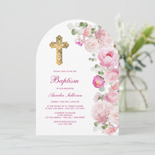 Invitation Pies roses Arch Baptême (Debout devant)