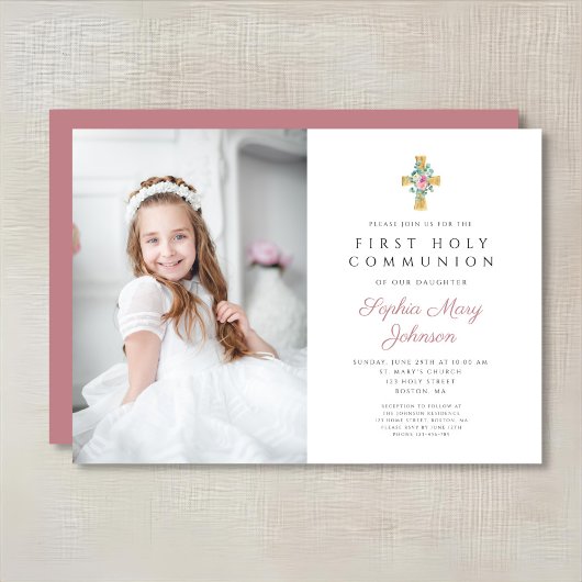 Invitation Pies roses Croix Fille première communion Photo