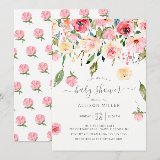 Invitation Pies roses Rose Baby shower Floral (Devant / Derrière)