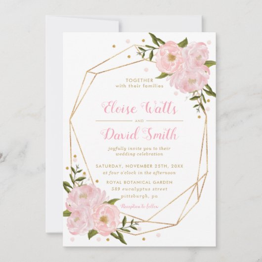 Invitation Pies Roses rose vif Mariage géométrique (Devant)