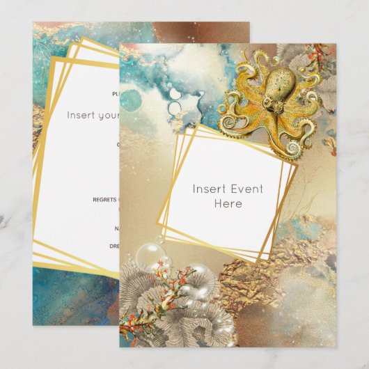 Invitation Pieuvre récif de corail aquarelle marin nautique (Devant / Derrière)