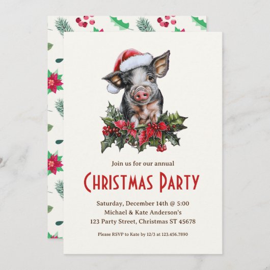 Invitation Pig Santa Hat Piglet ferme animal Noël fête (Devant / Derrière)