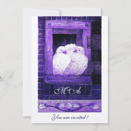 Invitation PIGEONS BLANCS À LA FENÊTRE monogramme, champagne (Devant)