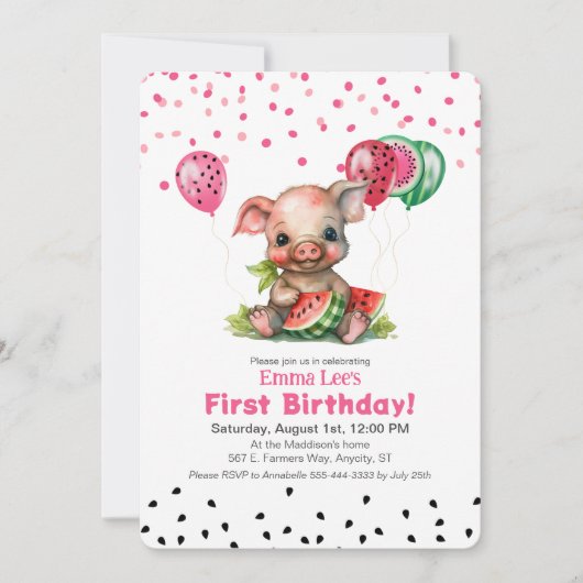 Invitation Piglet mignon pastèque Anniversaire (Devant)