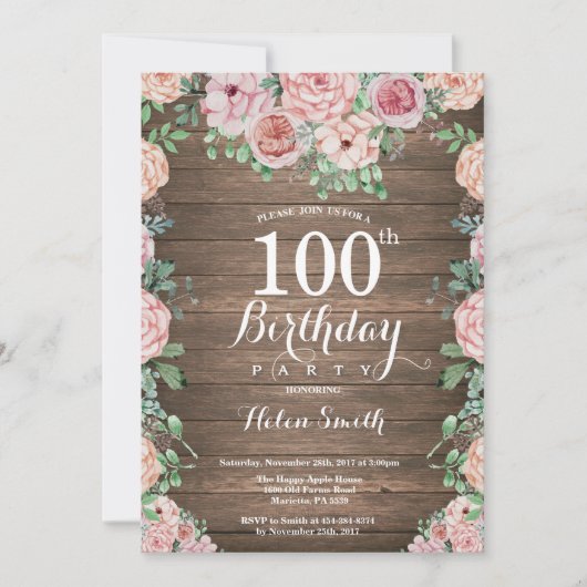 Invitation Pignons roses floraux rustiques 100e anniversaire (Devant)