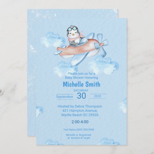 Invitation Pilote de pingouin bleu à l'aquarelle (Devant / Derrière)