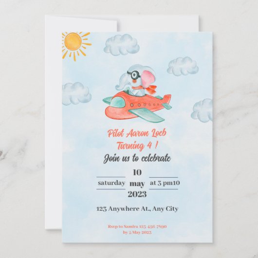 Invitation Pilote d'invitation pour l'anniversaire de l'éléph (Devant)