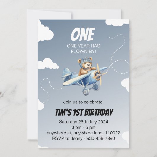 Invitation Pilote d'ours à plan mignon 1er appel d'anniversai (Devant)