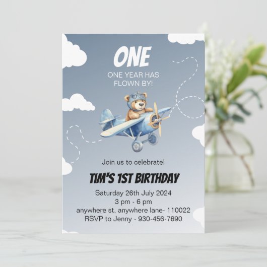 Invitation Pilote d'ours à plan mignon 1er appel d'anniversai (Debout devant)