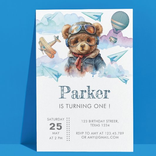 Invitation Pilote Teddy Bear Premier Enfants d'anniversaire
