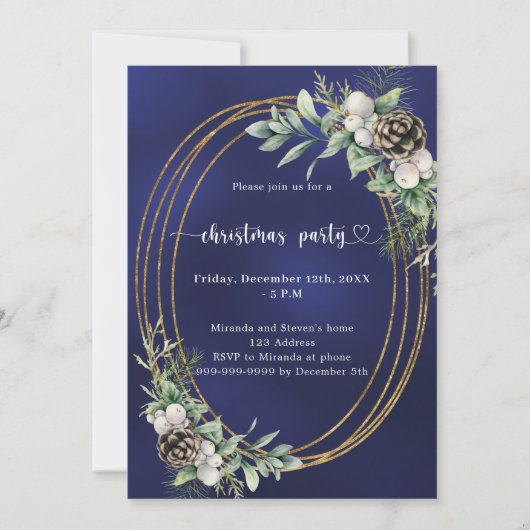 Invitation Pin de cône bleu vert or fête de Noël (Devant)