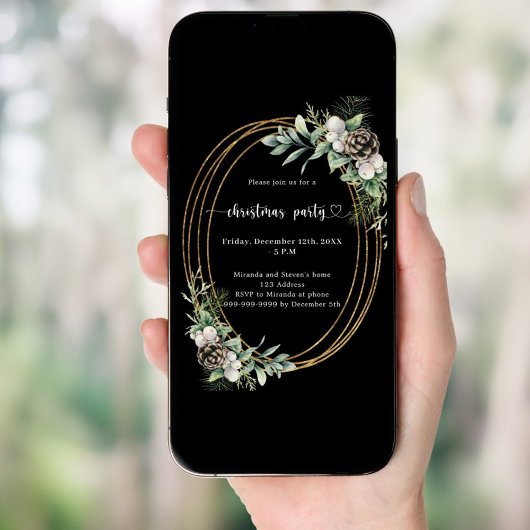 Invitation Pin de cône noir verdure or fête de Noël