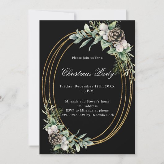 Invitation Pin de cône verdure or noir fête de Noël (Devant)