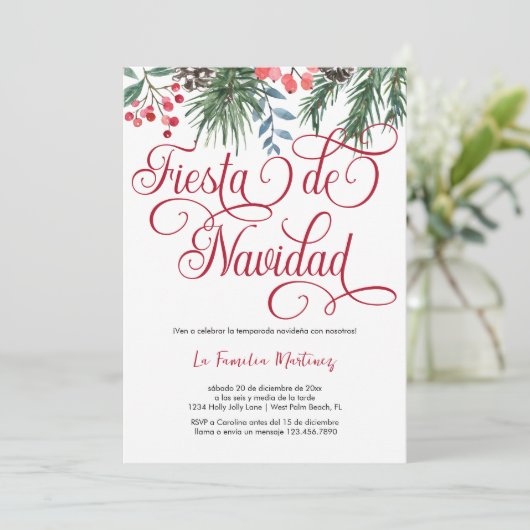 Invitation Pin espagnol élégant Rouge Script Noël fête (Debout devant)